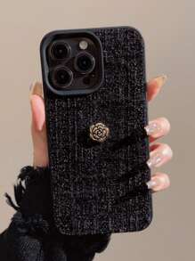 GUCADI 秋冬黑色天鹅绒金属山茶花手机壳，单件装，防摔时尚前卫，兼容 16/15/14/13/12/11，防水防震防刮，派对生日礼物 - 黑色 - 查看 3