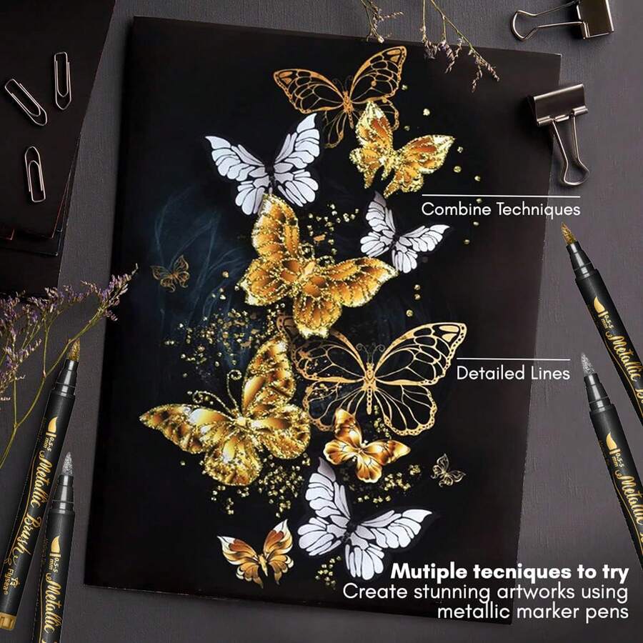 4 Packs Gold Silver Brush Metallic Marker Pens, Permanent Metallic Art