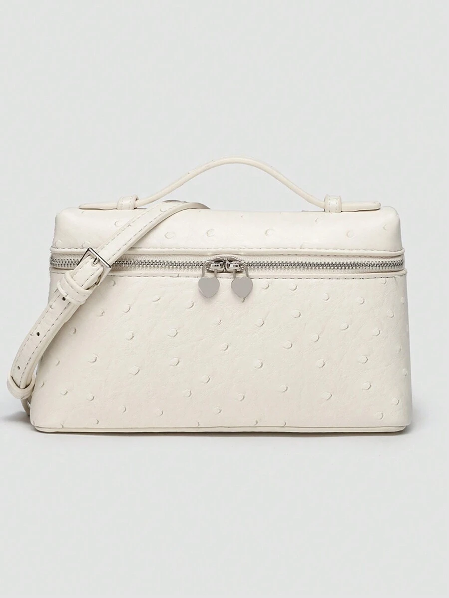 1pc Solid Color Ostrich Textured Square Shape PU Shoulder Bag, Compact Women Handbag For Daily Fashion Match & Travel - Beige - View 1