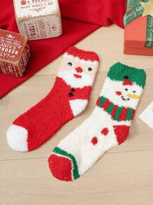 2 pares de calcetines cómodos y casuales de invierno de felpa coral con patrones navideños de Papá Noel y muñeco de nieve hasta el tobillo para hombres