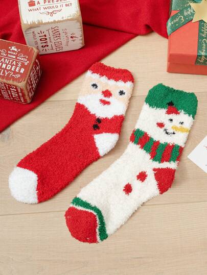 2 Paar Herren bequeme, lässige Winter Korallenfleece Weihnachtsmann & Schneemann Muster Knöchelsocken