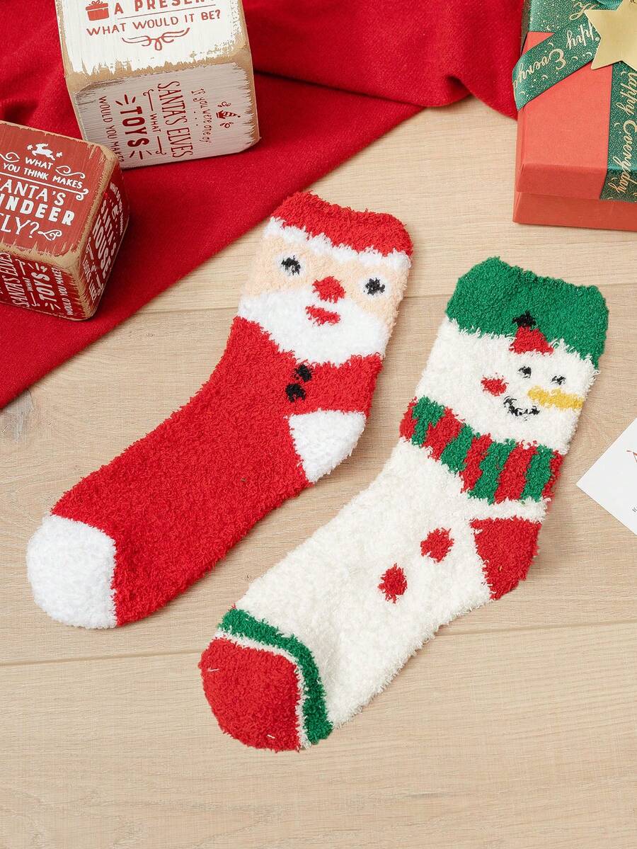 2 pares de calcetines cómodos y casuales de invierno de felpa coral con patrones navideños de Papá Noel y muñeco de nieve hasta el tobillo para hombres