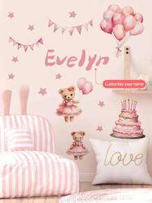 1 Pieza de 30 x 120 cm Pegatinas de pared personalizadas con texto, pegatinas de pared de dibujos animados con luna, nubes, osos, estrellas, globos para decoración de dormitorio, sala de estar, Pintura decorativa para el hogar, Pintura autoadhesiva removible para decoración de aula escolar, PVC