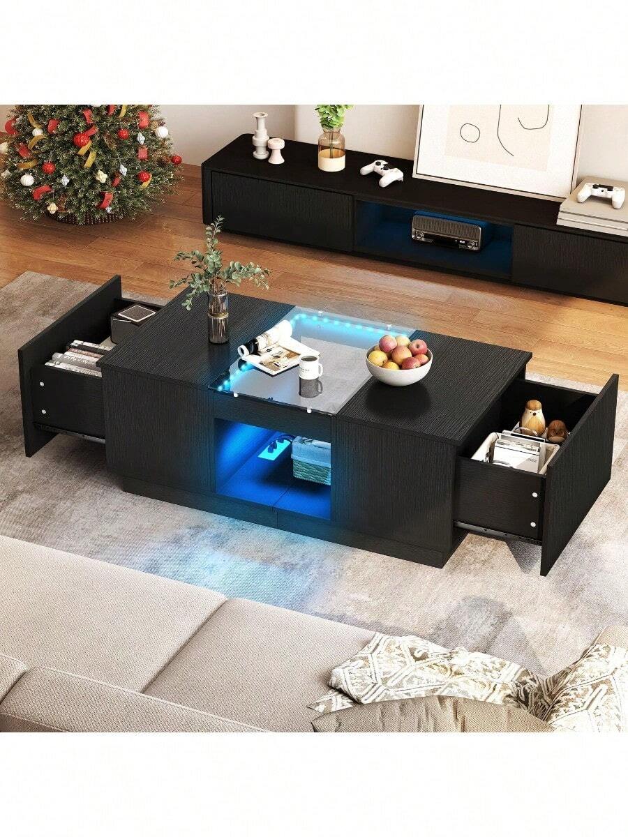 Modern Coffee Table 2 Drawers With Charging Station And LED Lights End