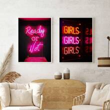 2 件/套，帆布挂画，准备好了没 - 霓虹帆布墙艺术带框墙艺术适用于卧室客厅厨房家居装饰可直接悬挂 - 彩色 - 查看 1