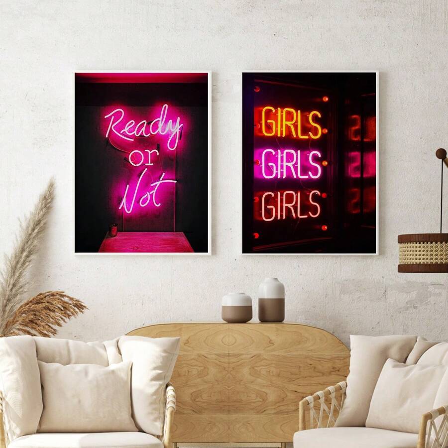2 件/套，帆布挂画，准备好了没 - 霓虹帆布墙艺术带框墙艺术适用于卧室客厅厨房家居装饰可直接悬挂 - 彩色 - 查看 1