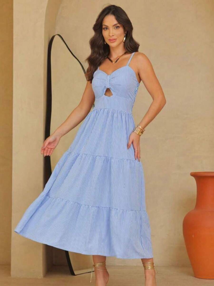 Long Dress With Straps And Striped Cups In Crepe Fabric H-2 - Màu xanh nhạt - Xem 1