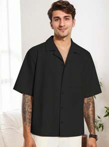 tooluck Men's Short Sleeve Dress Shirts Stretch Casual Button Down Shirts Solid Formal Shirt - 黑色 - 查看 5