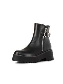 Weide Botines Negros para Mujer -Botas de Mujer Negras de Dedo Redondo con Tacón Alto Grueso - Elegantes Botas Chelsea con Hebilla Metálica y Forro de Esponja para Ocio y Actividades al Aire Libre