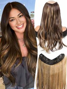 合成女士 V 形长发接发，合成假发，分层接发，蓬松顶垫可增加发量 - 黑棕色 - 查看 25