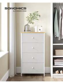 SONGMICS Commode, Meuble de Rangement pour Chambre, Colonne de Rangement en Tissu avec 4 Tiroirs, Cadre en Métal, Blanc et Couleur Boisée