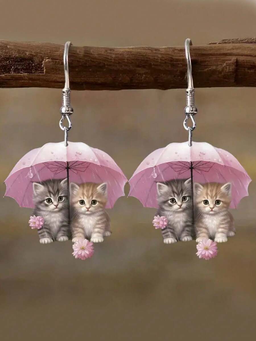 1 Paio di orecchini pendenti in acrilico 2D a tema del Ringraziamento per donne, con ombrellini rosa, fiori e gattini, eleganti e alla moda, ideali come regalo per i propri cari, per Natale o per tutto l'anno