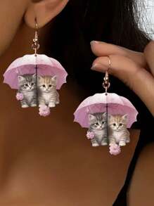 1 Paio di orecchini pendenti in acrilico 2D a tema del Ringraziamento per donne, con ombrellini rosa, fiori e gattini, eleganti e alla moda, ideali come regalo per i propri cari, per Natale o per tutto l'anno