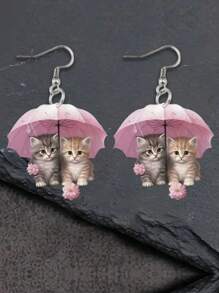 1 Paio di orecchini pendenti in acrilico 2D a tema del Ringraziamento per donne, con ombrellini rosa, fiori e gattini, eleganti e alla moda, ideali come regalo per i propri cari, per Natale o per tutto l'anno