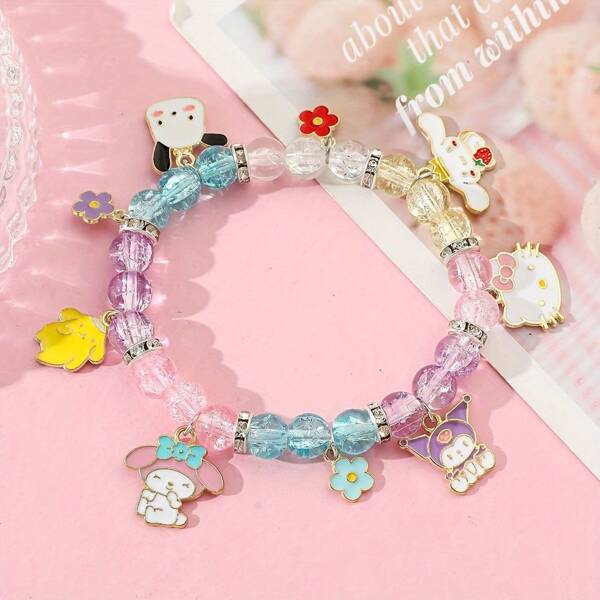 Sanrio 2pcs Sanrio Family Charm Bracelet: Hello Kitty, Pom Pom, Purin, Kuromi, Cinnamoroll - Glass Bead Bracelet With Teardrop And Silver Charm Pendant