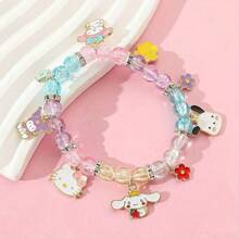 Sanrio 2pcs Sanrio Family Charm Bracelet: Hello Kitty, Pom Pom, Purin, Kuromi, Cinnamoroll - Glass Bead Bracelet With Teardrop And Silver Charm Pendant