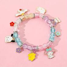 Sanrio 2pcs Sanrio Family Charm Bracelet: Hello Kitty, Pom Pom, Purin, Kuromi, Cinnamoroll - Glass Bead Bracelet With Teardrop And Silver Charm Pendant