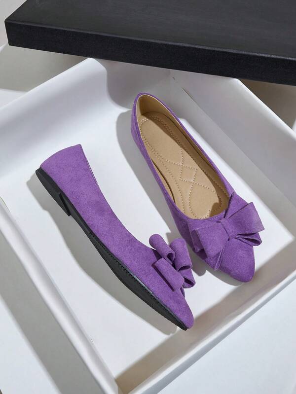 Purple Ballet Flats Women, Unique Design, Elegant Quality, Bowknot Pointed Toe Soft Bottom Work Shoes, Versatile And Comfortable