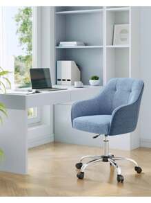 SONGMICS Silla de Estudio, Silla Giratoria, Altura Ajustable, Carga de 110 kg, Marco de Acero, Tela de Algodón-Lino Transpirable, para Estudio, Dormitorio, Azul, Vuelta al Cole - Azul - Ver 3