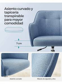 SONGMICS Silla de Estudio, Silla Giratoria, Altura Ajustable, Carga de 110 kg, Marco de Acero, Tela de Algodón-Lino Transpirable, para Estudio, Dormitorio, Azul, Vuelta al Cole - Azul - Ver 5