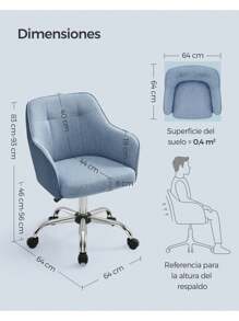 SONGMICS Silla de Estudio, Silla Giratoria, Altura Ajustable, Carga de 110 kg, Marco de Acero, Tela de Algodón-Lino Transpirable, para Estudio, Dormitorio, Azul, Vuelta al Cole - Azul - Ver 7