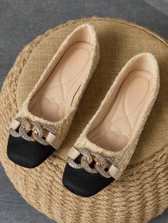 Women's Square Toe Vintage-Style Metal Buckle Colorblock Flats, Versatile Ballet Shoes Soft-Soled Loafers Valentines