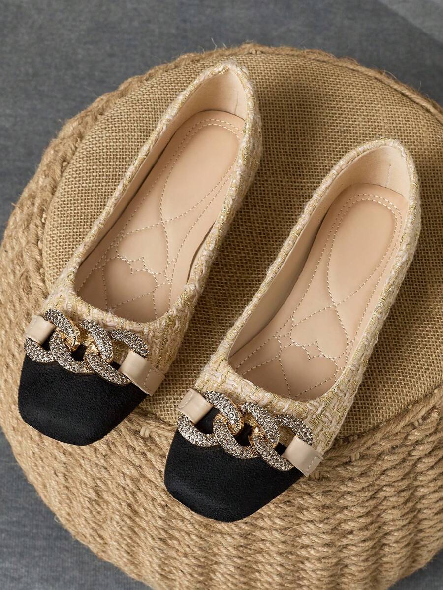 Women's Square Toe Vintage-Style Metal Buckle Colorblock Flats, Versatile Ballet Shoes Soft-Soled Loafers Valentines