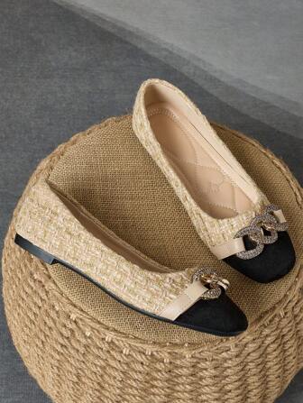 Women's Square Toe Vintage-Style Metal Buckle Colorblock Flats, Versatile Ballet Shoes Soft-Soled Loafers Valentines