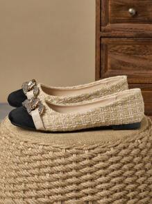 Women's Square Toe Vintage-Style Metal Buckle Colorblock Flats, Versatile Ballet Shoes Soft-Soled Loafers Valentines