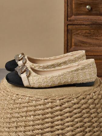 Women's Square Toe Vintage-Style Metal Buckle Colorblock Flats, Versatile Ballet Shoes Soft-Soled Loafers Valentines