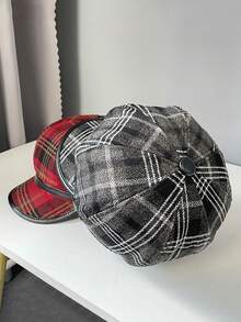 1 件女士可拉式红色贝雷帽，复古英国格子报童帽，温暖艺术画家帽 - 多色 - 查看 5