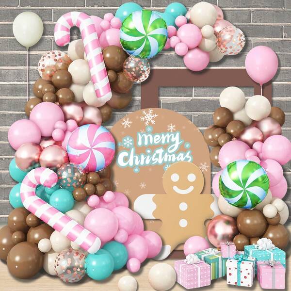 107pcs Pink Christmas Theme Party Balloon Arch Kit, Includes Pink & Blue Candy Cane Foil Balloons, For Christmas New Year Party Decor