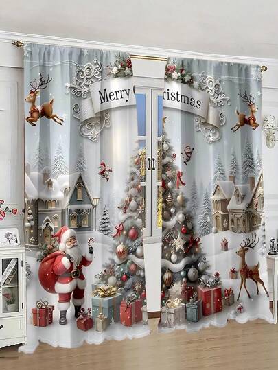 2 件套圣诞树图案半透明窗帘，适合客厅和卧室的家居装饰窗帘