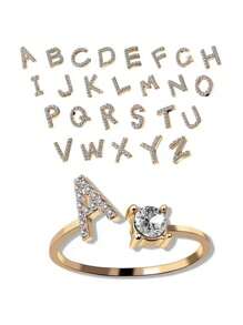 1 Stück modischer einstellbarer Ring mit 26 englischen Buchstaben Design aus kubischem Zirkonia, kreatives Geschenk für Frauen, Paar-Alltagsringe