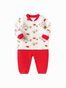 Balabala 婴儿内衣套装0-1岁女宝宝睡衣新生儿秋季衣服棉质保暖 - 紅色 - 查看 4