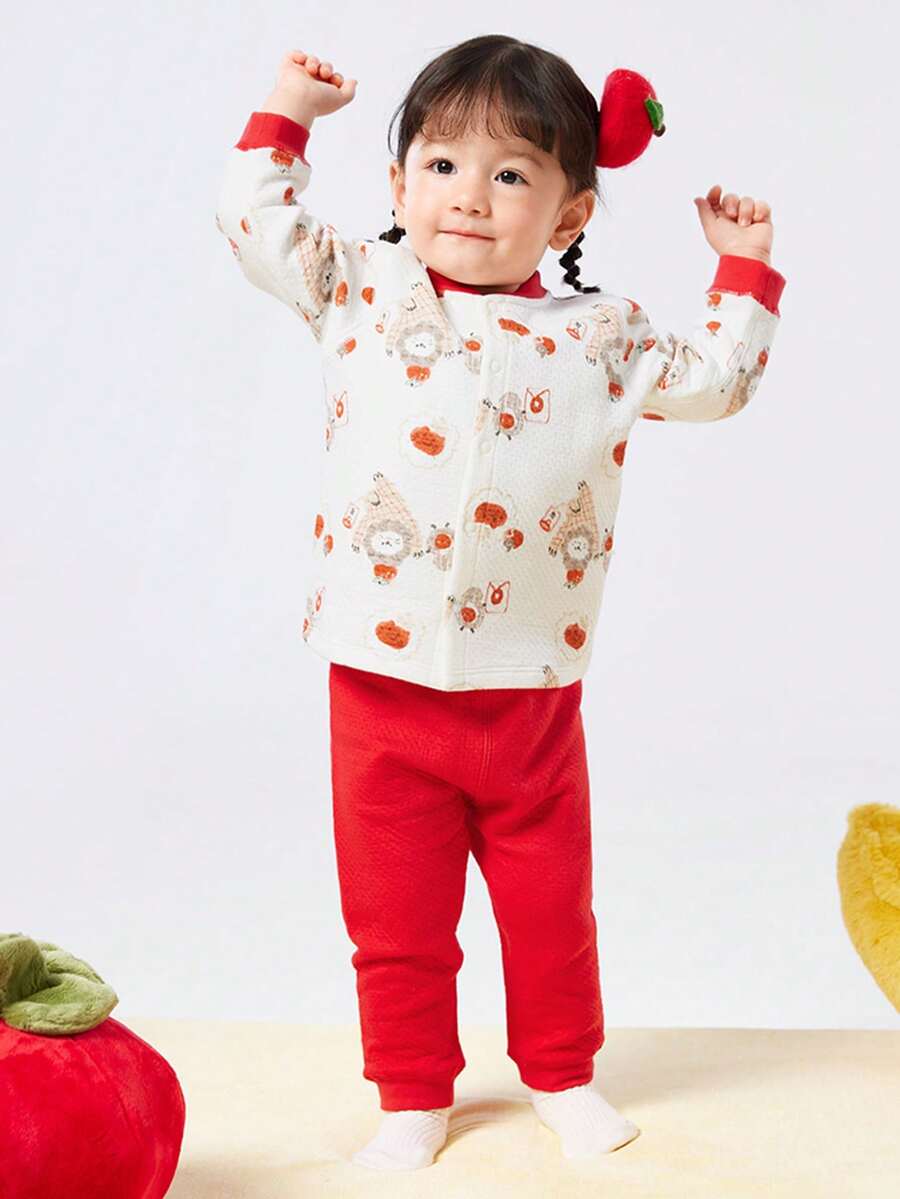 Balabala 婴儿内衣套装0-1岁女宝宝睡衣新生儿秋季衣服棉质保暖 - 紅色 - 查看 1