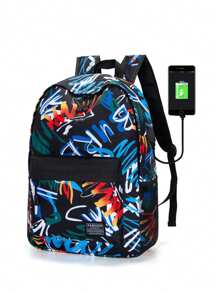 14 Inch Men Letter Patch Decor Charging Port Design School Bags School Bag Laptop Bag Book Bag Rucksack Shoulder Bag Sport Bag College Bag Senior Student College Student Junior Student Leisure Print Letter Print Graffiti Print Backpack Christmas Holiday Thanksgiving Gifts Chest Bag Hip Bag Valentine Day Holiday Essentials Camping Travel Bag Stickers Summer Back To School Valentines Gifts Laptop Case The Sporty Life Summer Bag Spring Break Vacation Bag Pack Backpacks Travel Must Haves Large Bag School Supplies School Backpack - Multicolor - View 1