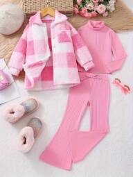 3 Pieces Set Young Girl Casual Cute Mid-Length Jacket, Solid Color Top & Pants, Autumn/Winter
