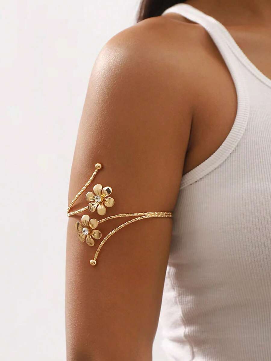 1pc Oversized Metal Leaf Shape Adjustable Bangle Bracelet, Vintage Chic European Style Fashion Accessory For Women - Flower Armband - View 1