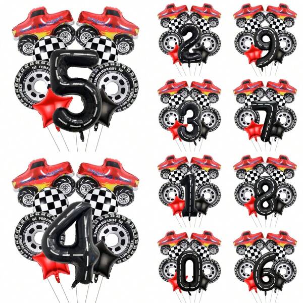 10pcs Car Racing Themed Birthday Party Supplies With 40'' Large Number & Car Tire Shape Aluminum Foil Balloons, Perfect For Kids' Birthday Decorations,Christmas