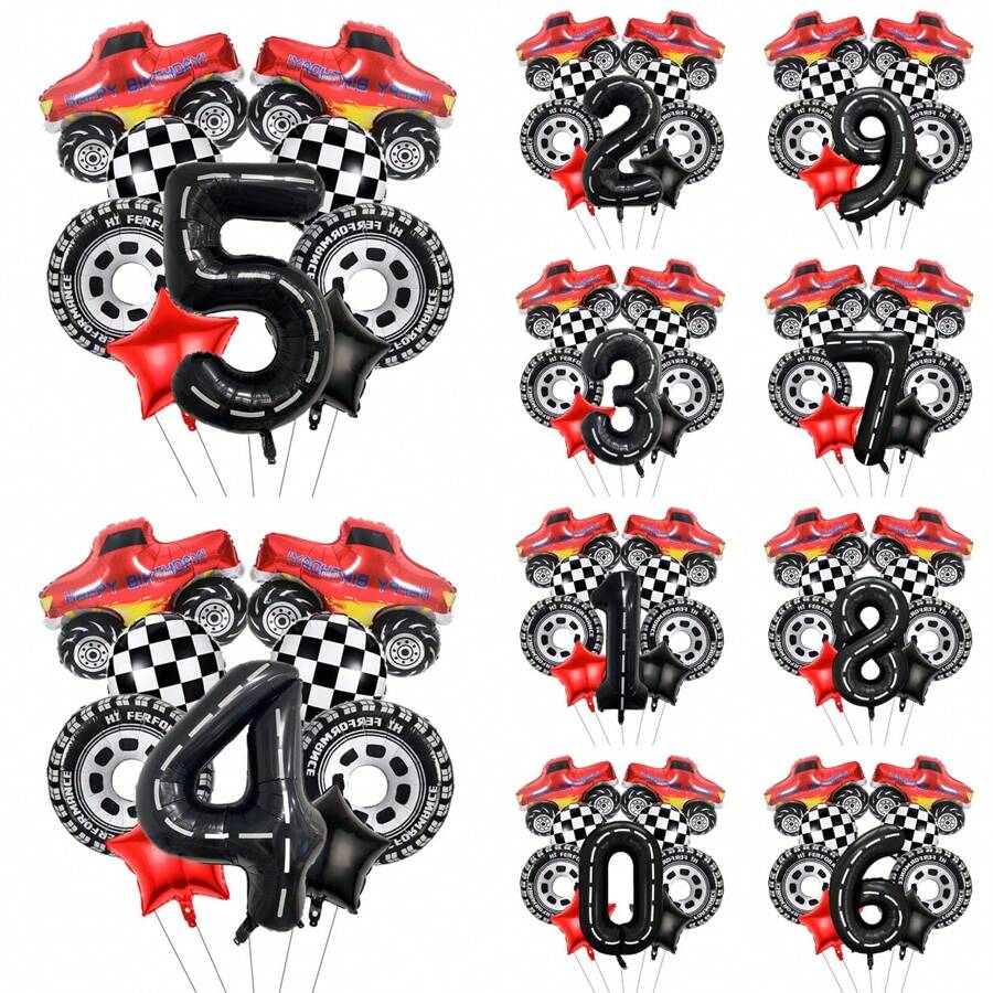 10 件赛车主题生日派对用品，配有 40 英寸大数字和汽车轮胎形状铝箔气球，非常适合儿童生日装饰、圣诞节 - 彩色 - 查看 1