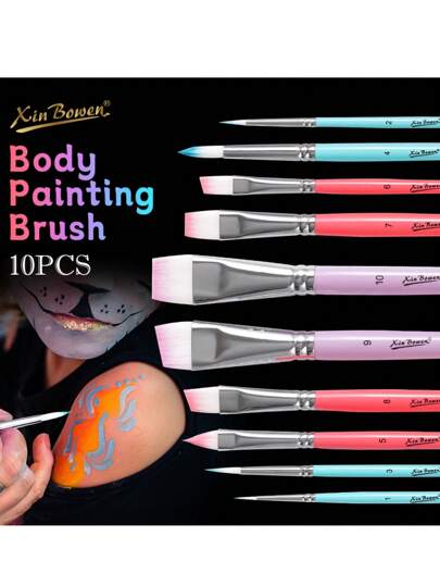 AOLU 10支装彩色尼龙人体彩绘画笔套装，适用于万圣节彩绘和舞台化妆