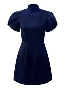 Women's Stand Collar Petal Sleeve Ruched Waist Flare Hem Short Dress