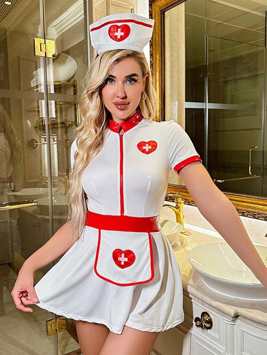 三件套女士性感制服连衣裙、发夹和丁字裤、角色扮演护士服套装、万圣节、圣诞节、派对、伴侣荷尔蒙之夜、性感内衣 - 白色 - 查看 1