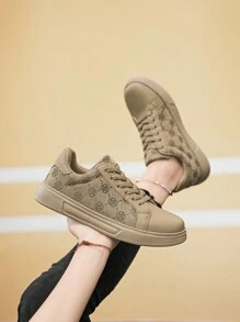 Chaussures de sport casual à lacets contrastés pour femmes, imprimé aléatoire, lettres, rayures vulcanisées, style vintage polyvalent