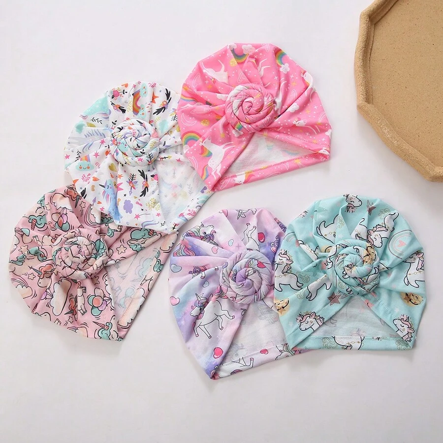 Mũ Turban mềm in hình kỳ lân mới cho trẻ sơ sinh, mũ trùm đầu bện kẹo mút dễ thương