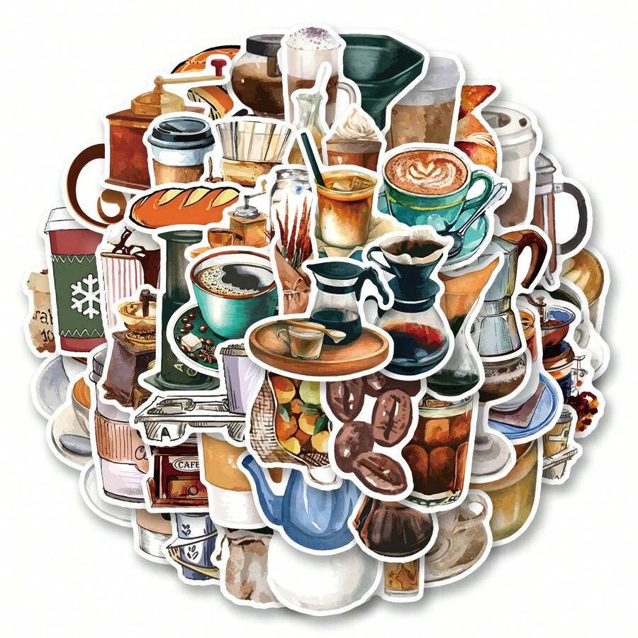 54 张/包可爱咖啡主题卡通贴纸，适用于剪贴簿、封口、文具、信封、吉他、乐器、圣诞节、青少年派对和奖励的美学标签 - 黑色 - 查看 1