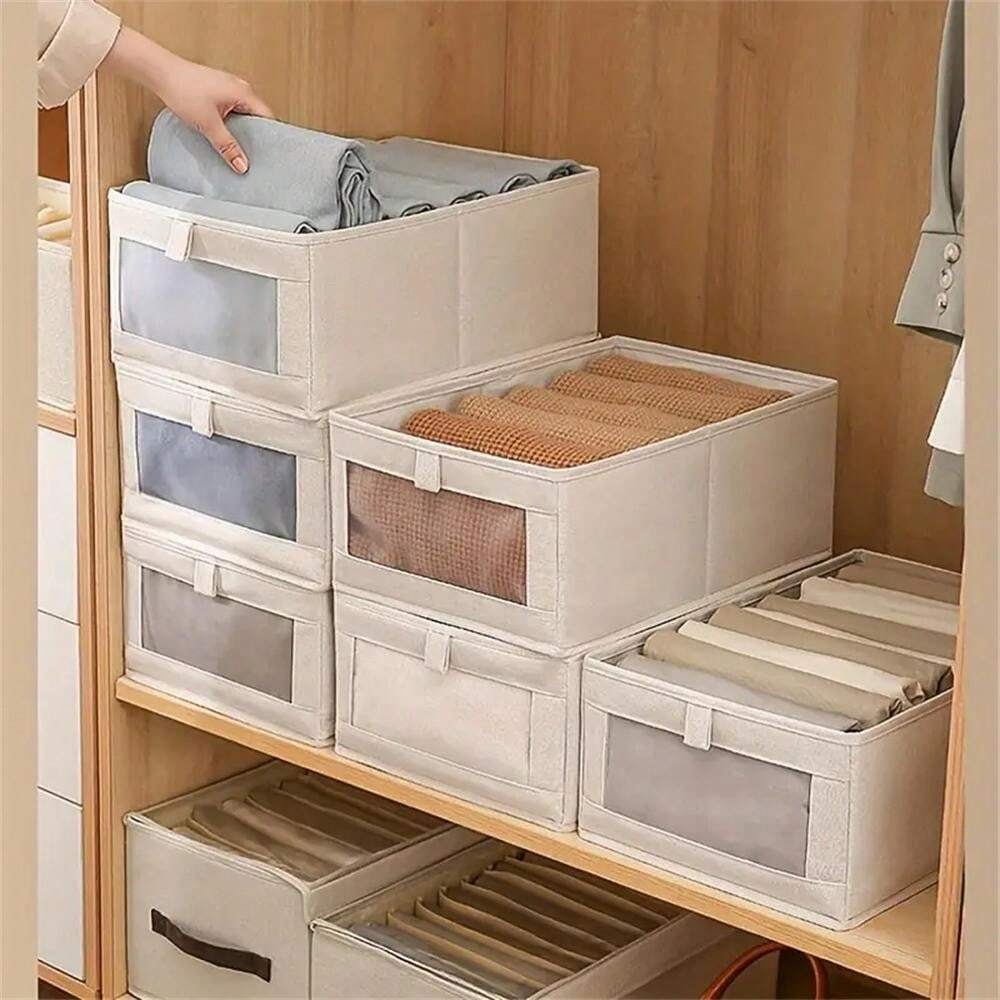 4pcs Large Linen Storage Boxes With Transparent Window, Suitable For