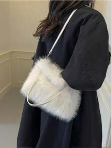 Yogodlns Ușoară, portabilă, pufoasă, moale, casual din pluș, geantă portabilă din pluș Y2K la modă, geantă de umăr originală unică la modă, geantă de mână simplă și versatilă pentru femei, fete, femei, studente.