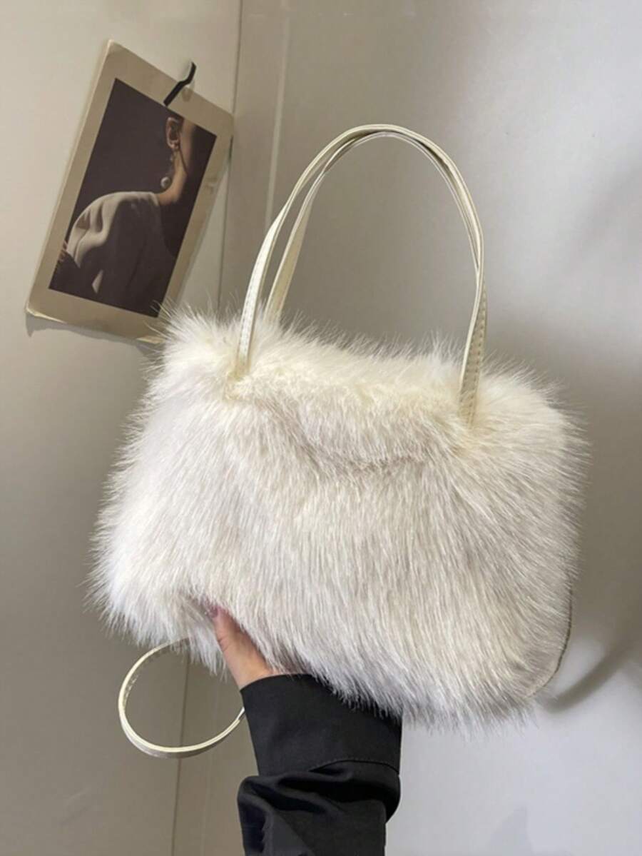 Yogodlns Ușoară, portabilă, pufoasă, moale, casual din pluș, geantă portabilă din pluș Y2K la modă, geantă de umăr originală unică la modă, geantă de mână simplă și versatilă pentru femei, fete, femei, studente.